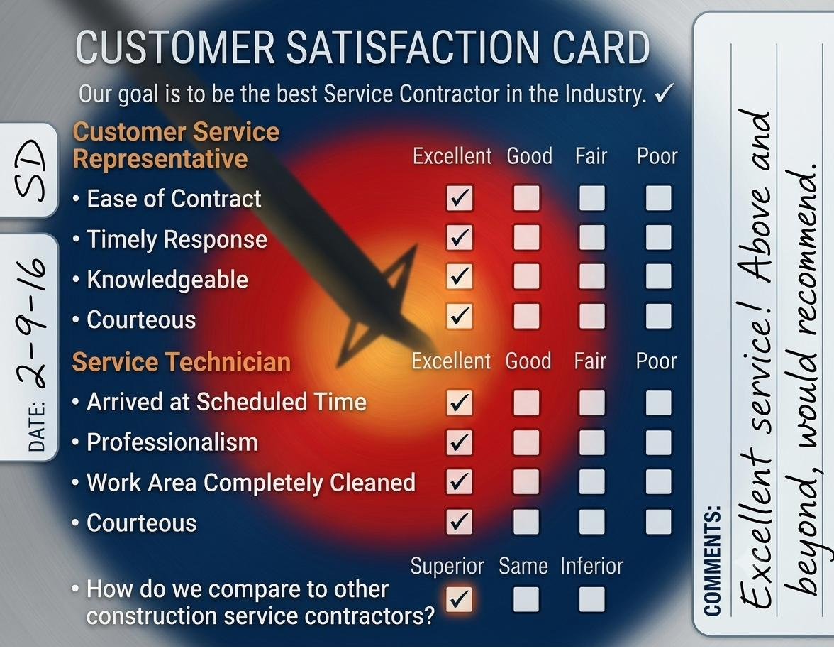 Customer satisfaction card - above and beyond, would recommend